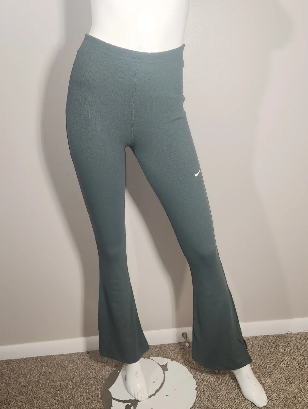 Nike Forest Green Flare Leggings with Small White Swoosh